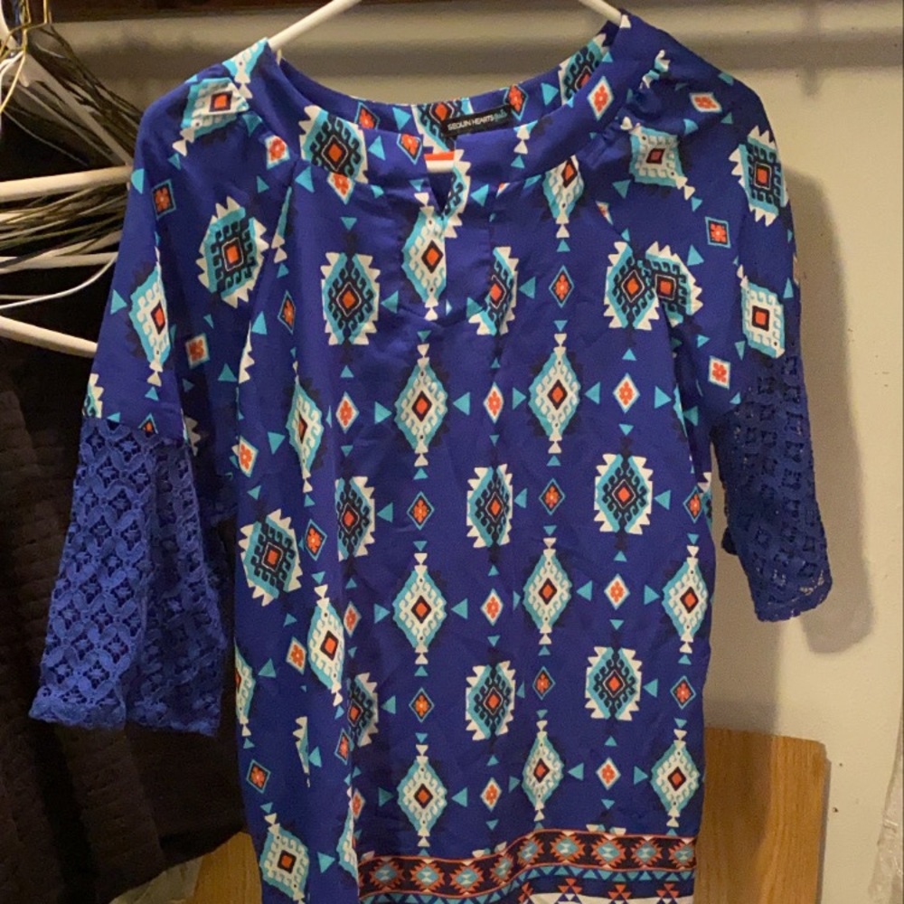 Blue Aztec dress with lace sleeves